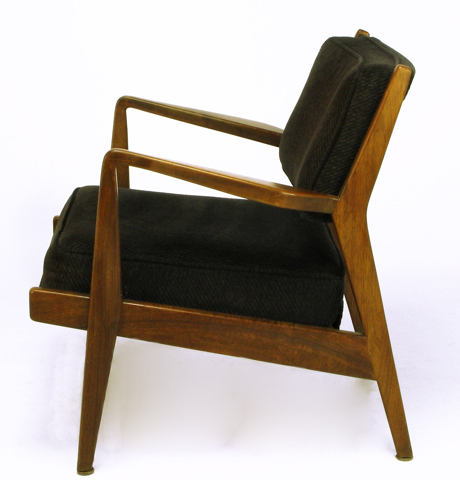 Jens Risom Teak Wood Arm Chair In Black Striped Chenille For Sale