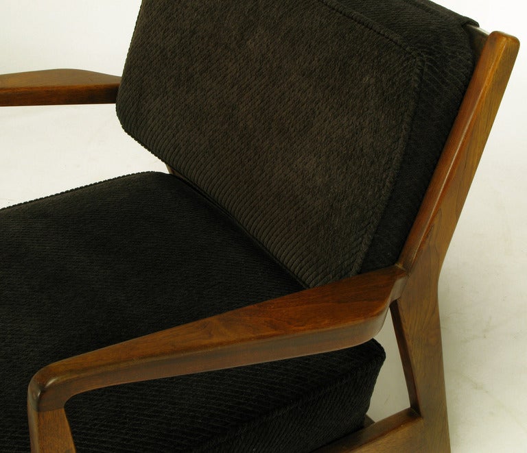 Danish Jens Risom Teak Wood Arm Chair In Black Striped Chenille For Sale