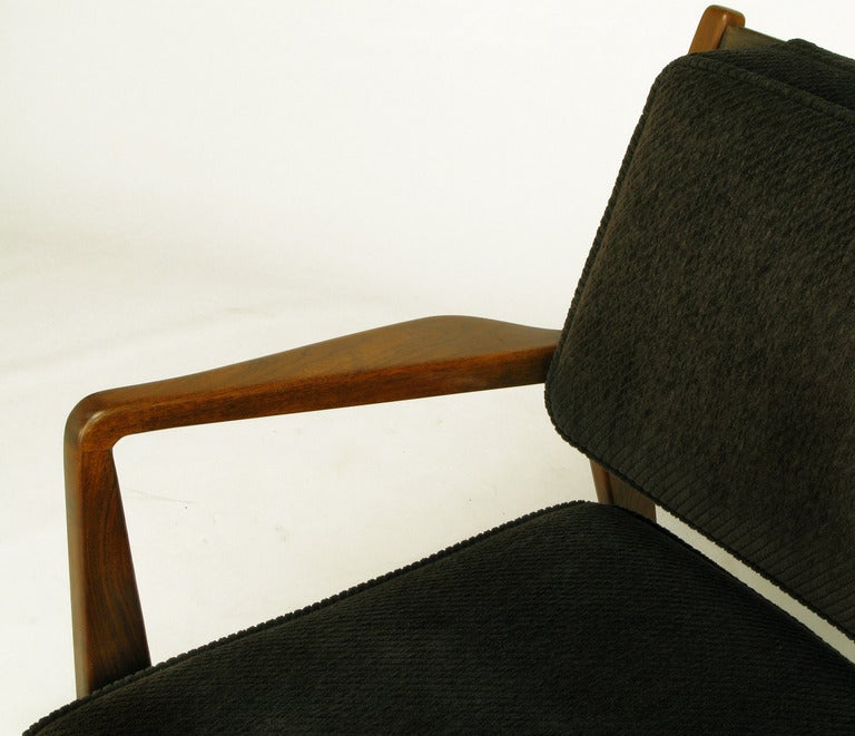 Jens Risom Teak Wood Arm Chair In Black Striped Chenille In Good Condition For Sale In Chicago, IL