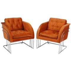 Pair Milo Baughman Chrome & Persimmon Velvet Club Chairs