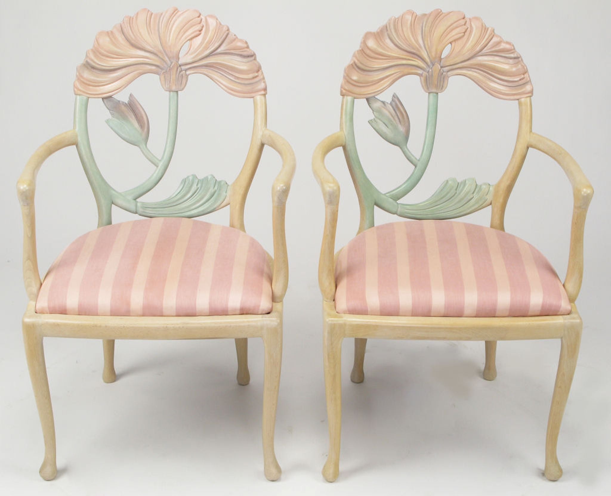 Pair of Italian Polychrome Carved Poppy Armchairs