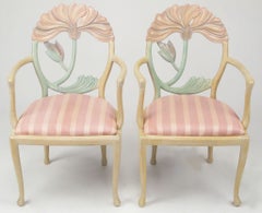 Retro Pair of Italian Polychrome Carved Poppy Armchairs
