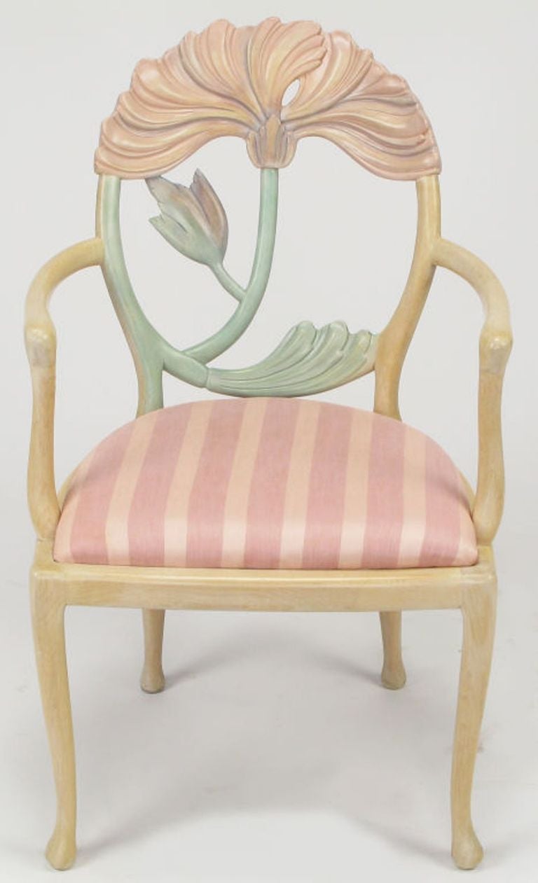 Glazed Pair of Italian Polychrome Carved Poppy Armchairs