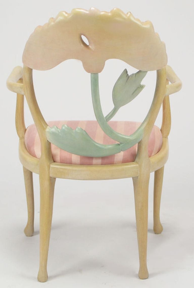 Upholstery Pair of Italian Polychrome Carved Poppy Armchairs