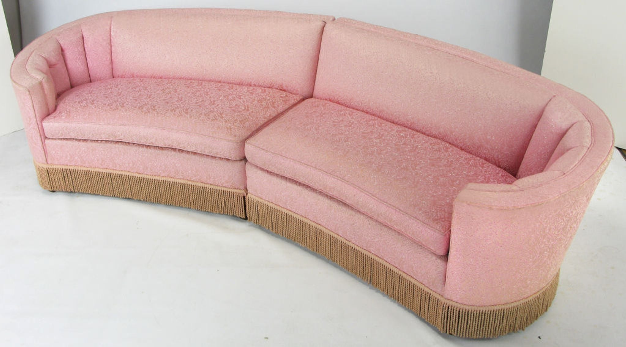 1940s Curved Sectional Sofa In Pink Damask Upholstery