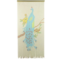 Vintage 1940s Beaded Glass Blue Peacock Curtain Or Wall Hanging