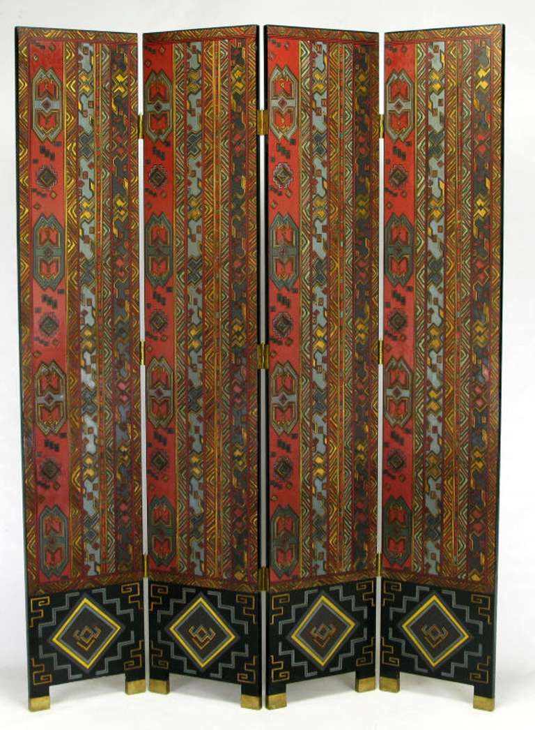 Carved wood and parcel-gilt four-panel screen with muted lacquer coloring of persimmon, teal, black and taupe. The back is finished as well in black lacquer with carved and lacquered designs in persimmon and teal.