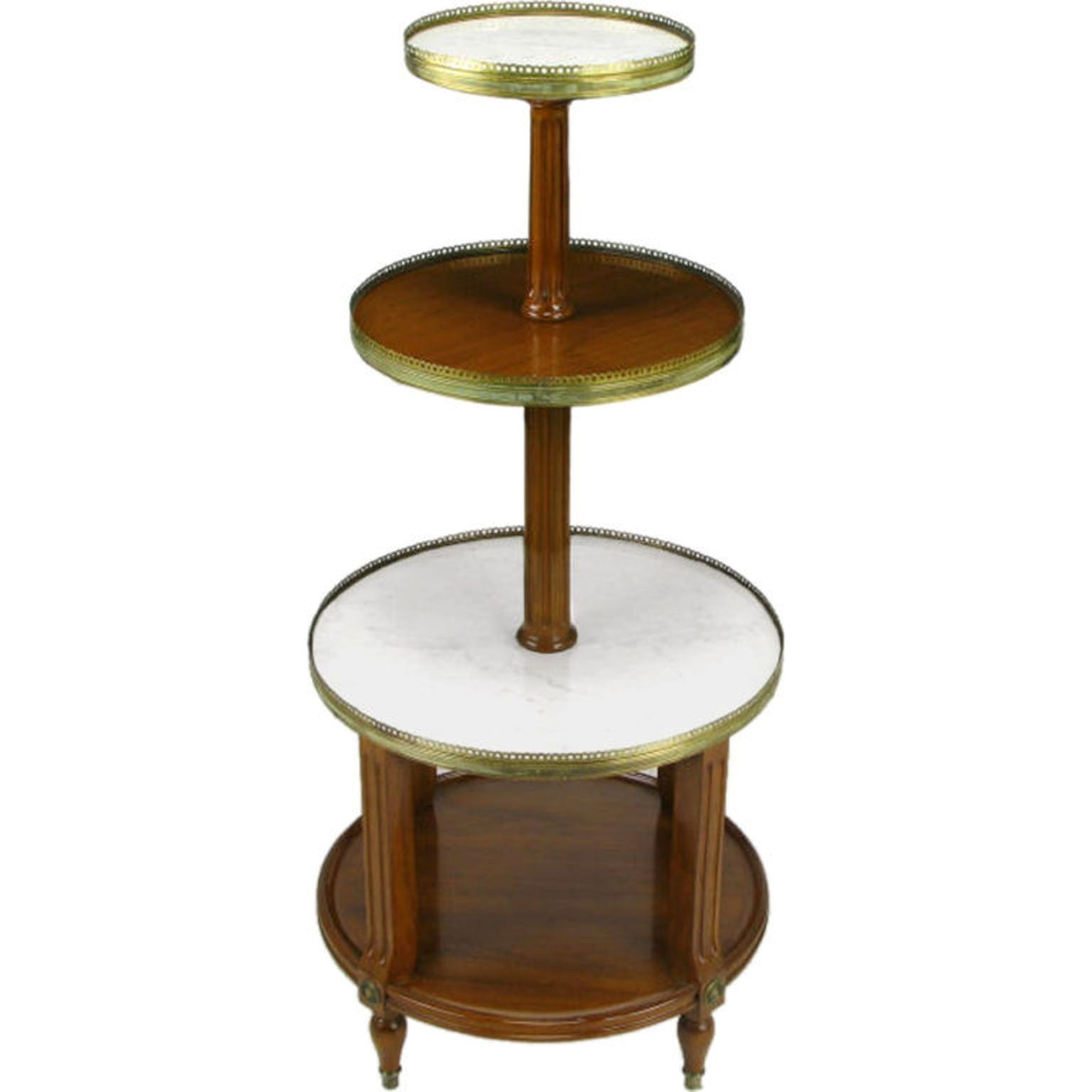 French Walnut and Carrera Marble Round Four-Tier Serving Table