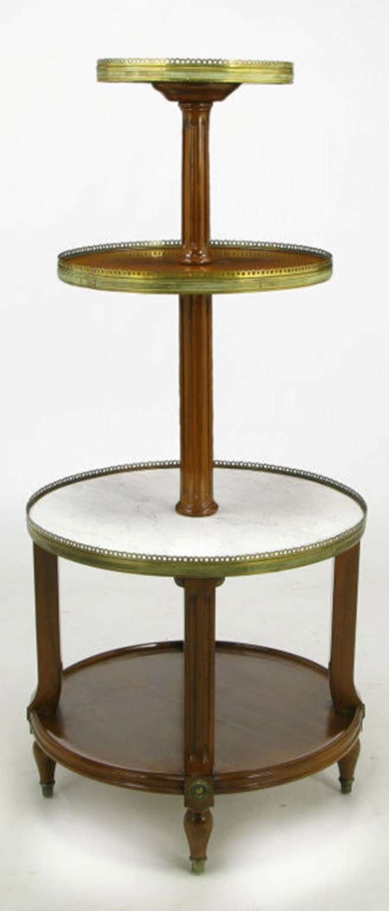 French Walnut and Carrera Marble Round Four-Tier Serving Table