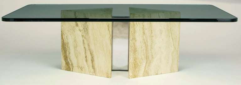 Double Arrowhead Form Travertine & Chrome Glass Top Coffee Table In Excellent Condition In Chicago, IL