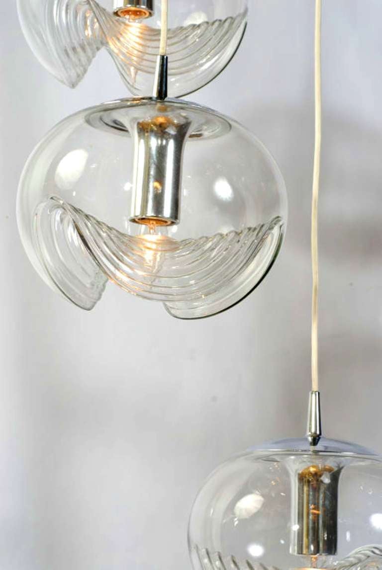 Koch & Lowy Chrome & Blown Glass Triple Pendant Fixture In Excellent Condition In Chicago, IL