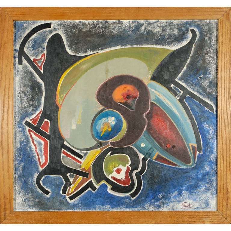 With a technique undoubtedly inspired by Braque, this 1960 abstract painting appears to be a surrealistic still life. Lively colors included blue, green, red, orange, yellow and black. Signed J. Hewitt 60, and framed with a simple oak molding. Art