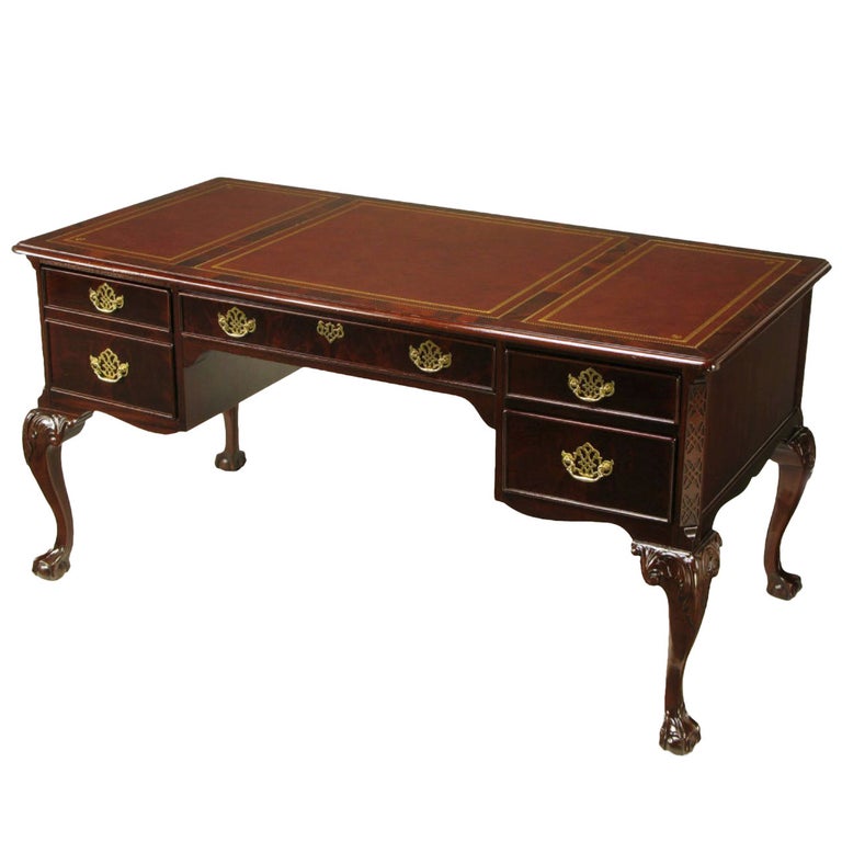 Sligh Flame Mahogany And Tooled Leather Cabriole Leg Desk For Sale