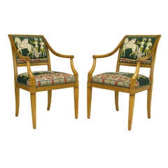 Vintage Pair Beech Empire Armchairs With Greek Key Centurion Upholstery