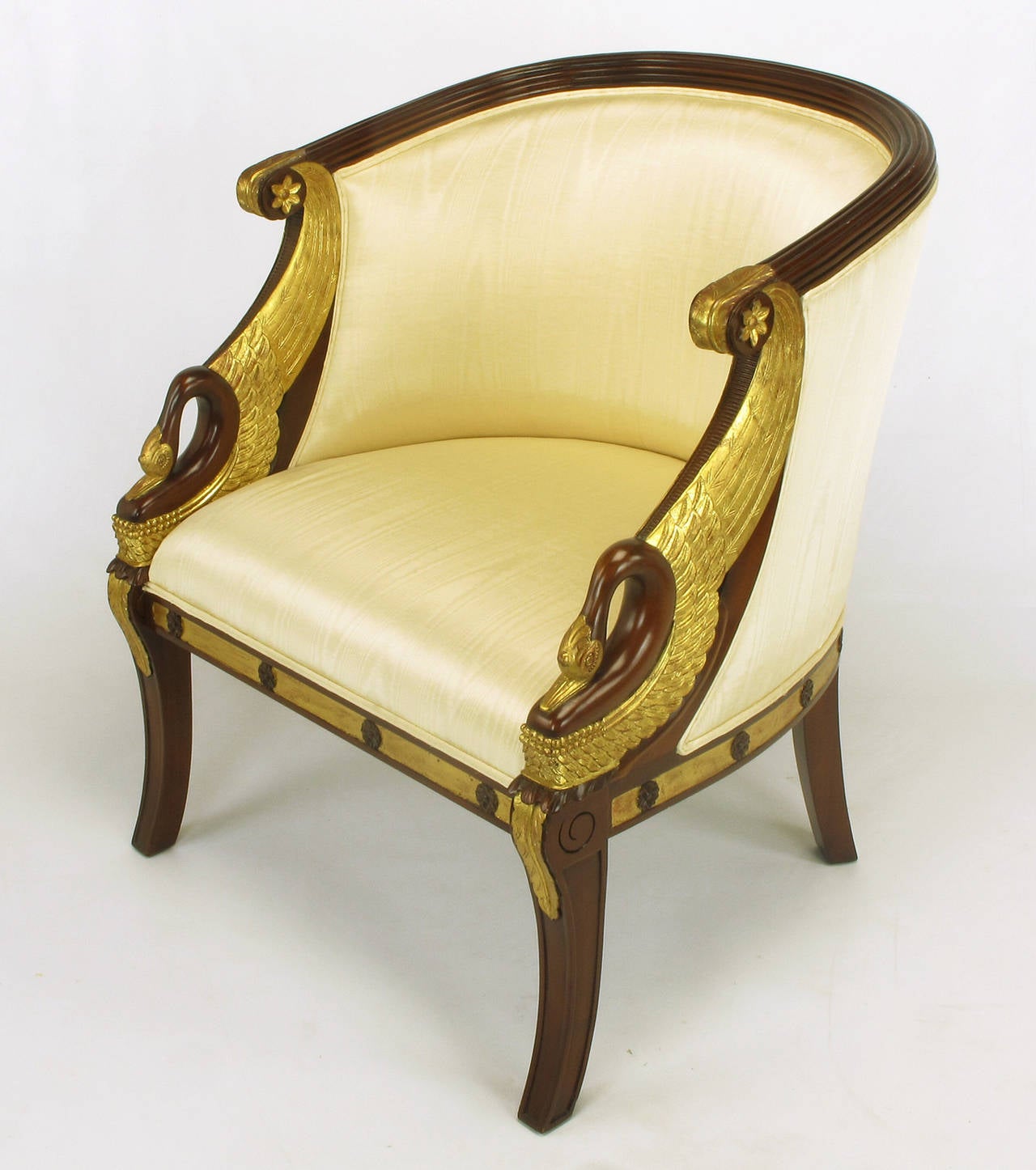 Pair of Maitland Smith Empire Revival Mahogany and Parcel-Gilt Swan Bergeres In Excellent Condition In Chicago, IL