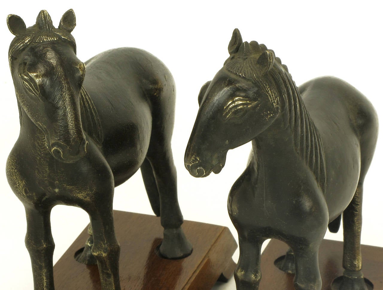 20th Century Pair of Bronze Arabian Stallion Figures Ion Footed Mahogany Plinths For Sale