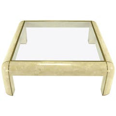 Square Maitland Smith Tessellated Fossil Stone and Inlaid Brass Coffee Table