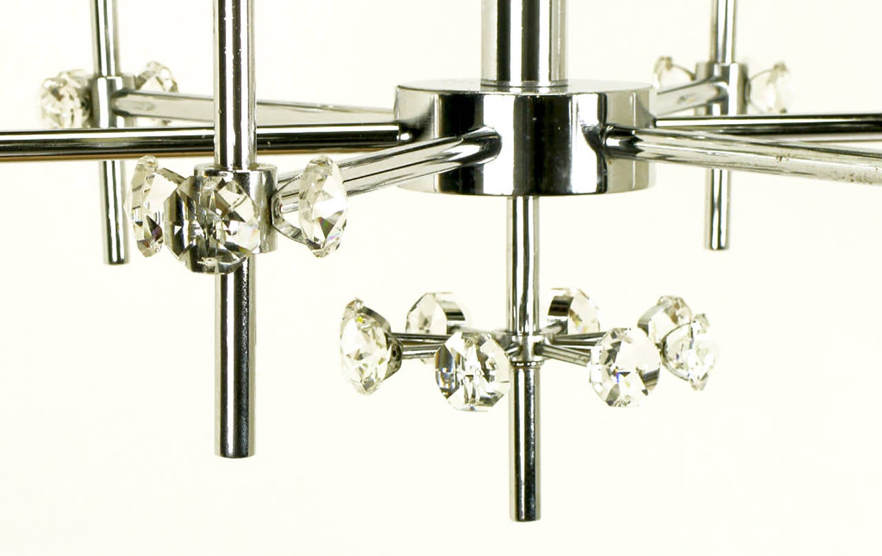 1960s Six-Arm Crystal Snowflake Chrome Chandelier For Sale 3