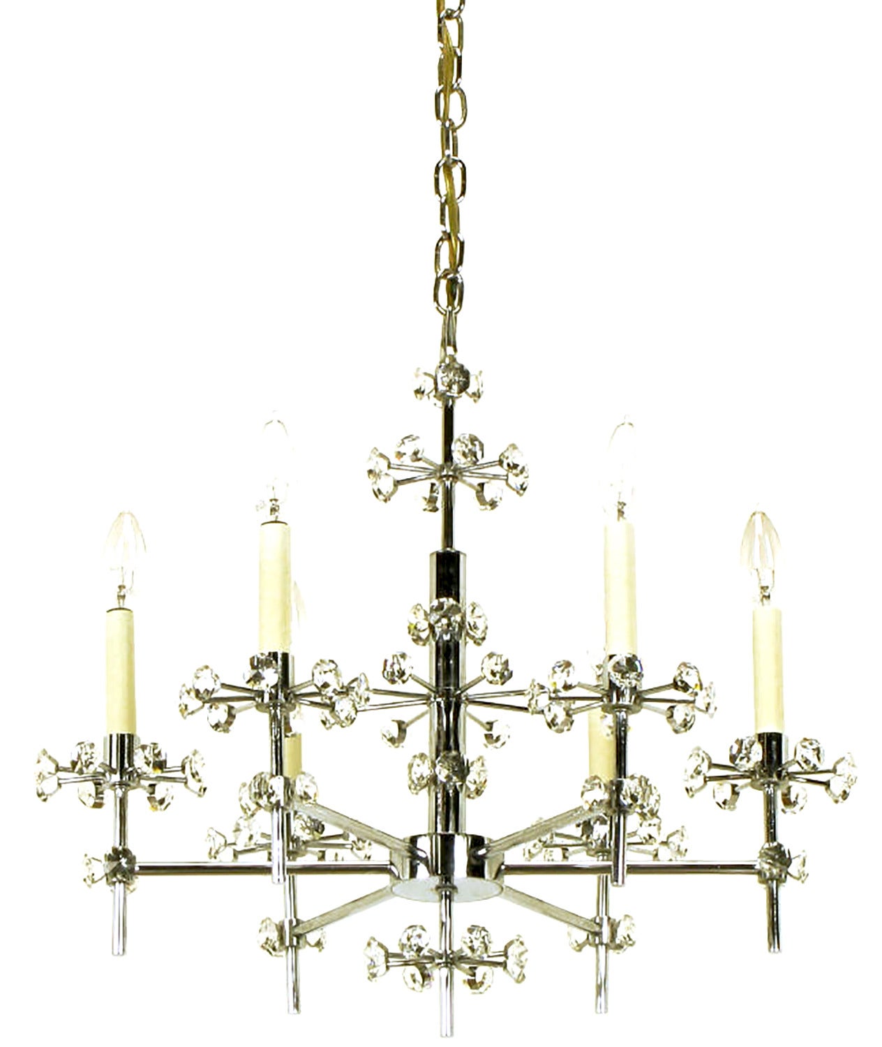 1960s Six-Arm Crystal Snowflake Chrome Chandelier In Good Condition For Sale In Chicago, IL