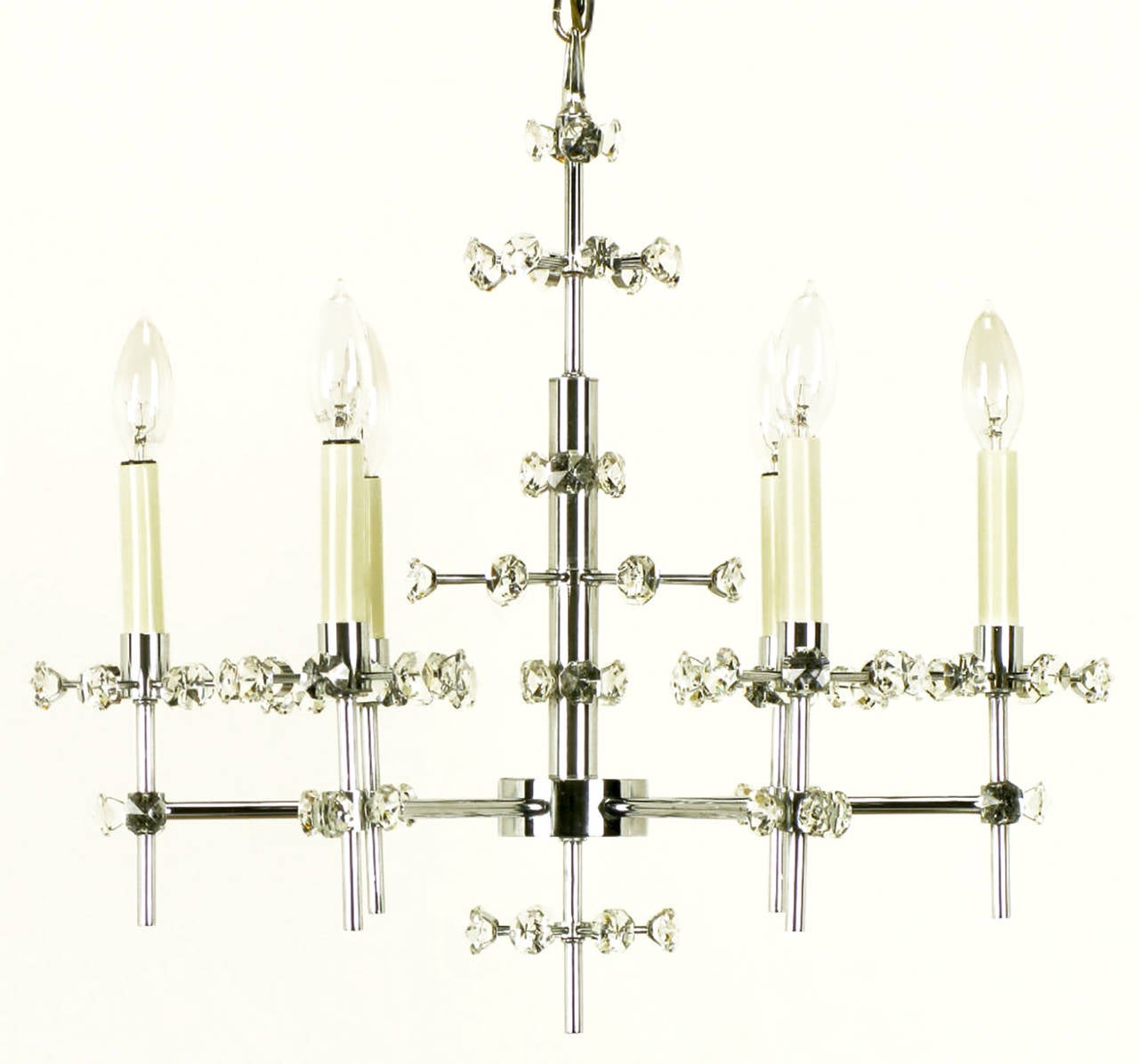 Mid-20th Century 1960s Six-Arm Crystal Snowflake Chrome Chandelier For Sale