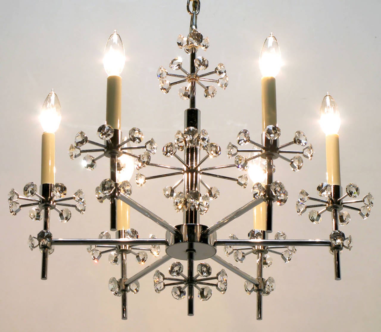 Canadian 1960s Six-Arm Crystal Snowflake Chrome Chandelier For Sale