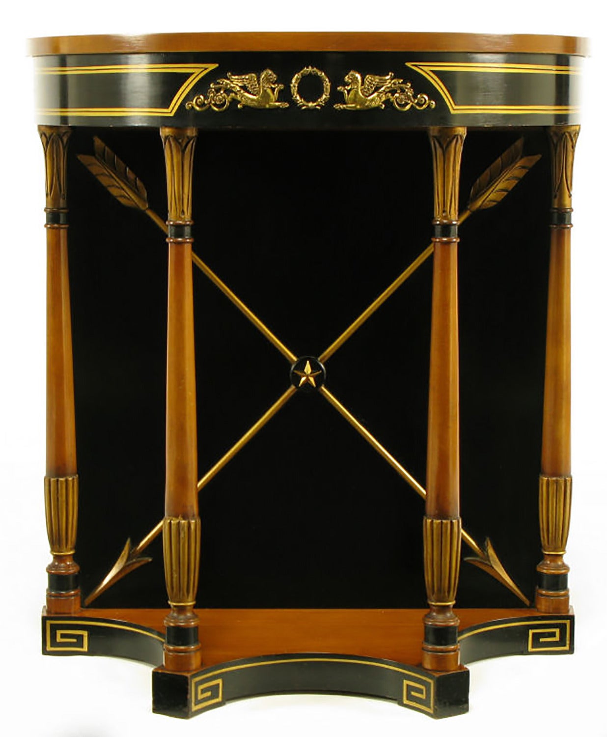 Mid-20th Century Parcel-Gilt and Black Empire Demilune Console Table with Crossed Brass Arrows