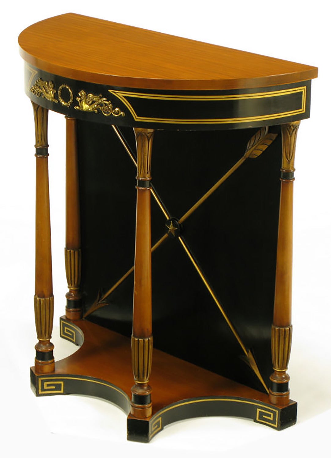 American Parcel-Gilt and Black Empire Demilune Console Table with Crossed Brass Arrows