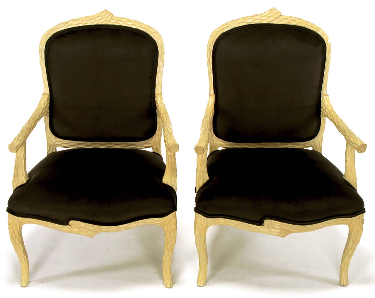 Pair of Louis XV inspired faux bois armchairs upholstered in new dark chocolate suede-like velvet. Hand-carved wood frames are finished in an ivory glaze. Cabriole front and back legs.