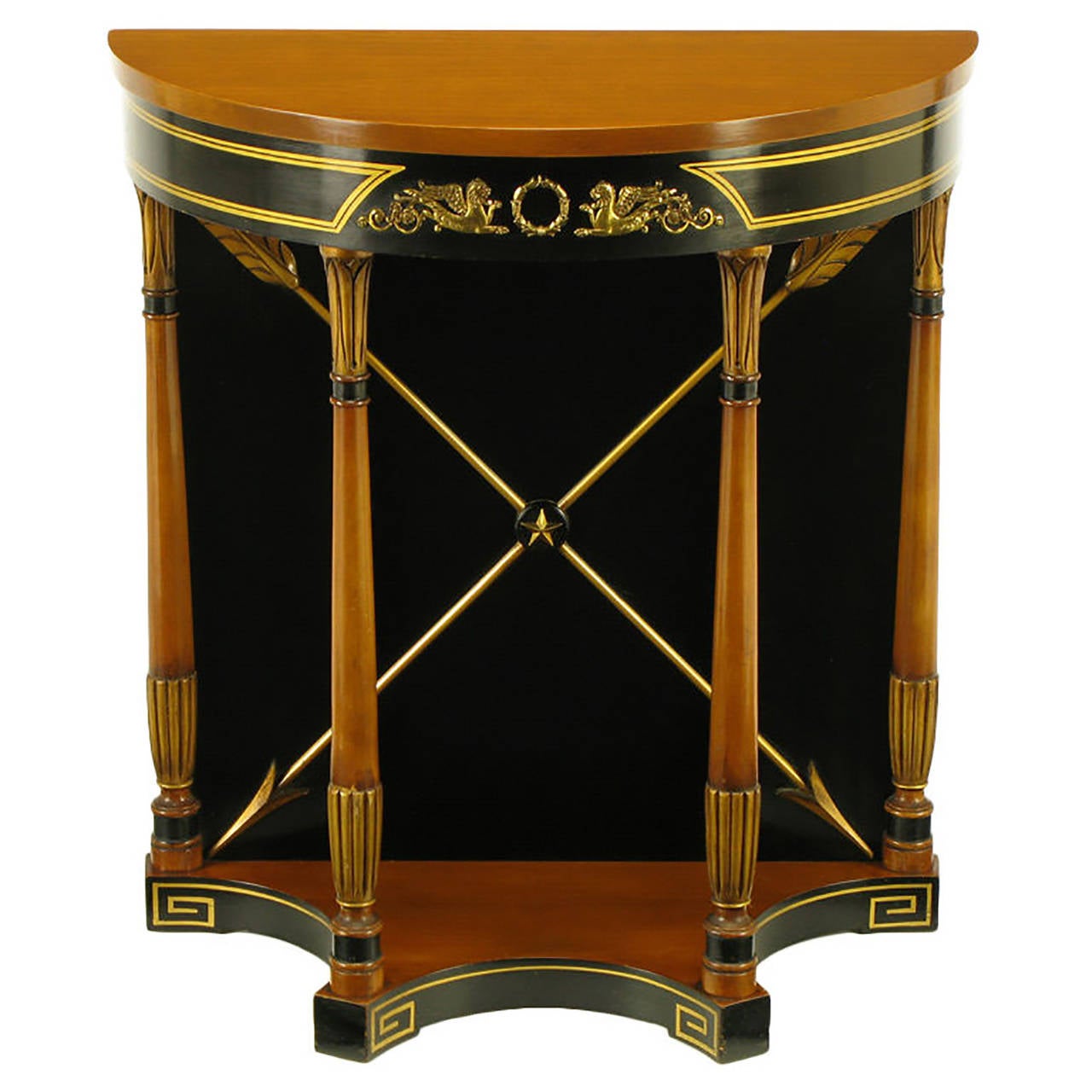 Empire Revival console table with parcel-gilt detailing and Greek key base. Black lacquered and maple wood with brass arrows, center wreath and winged griffins.