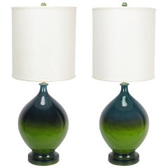 Pair 40" Cadet Blue & Emerald Green Glaze Table Lamps