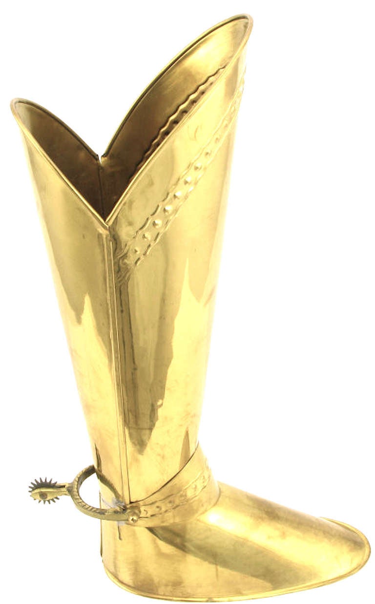 British Circa 1930s English Spurred Brass Knight's Boot Umbrella Stand For Sale