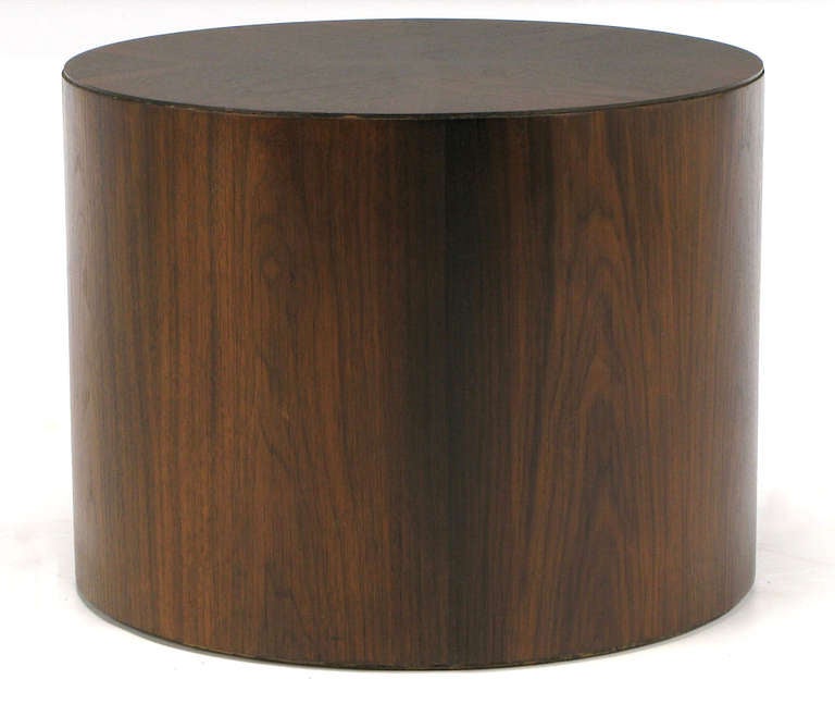 Beautifully grained rosewood cylinder table with 4 part book matched grain top. Solid well built smaller occasional table. would also make a great base for a glass top coffee table as well.