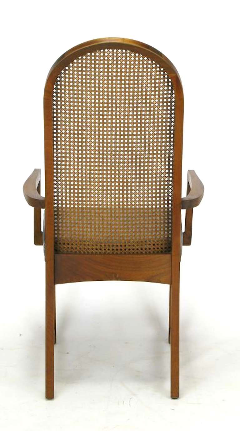 Mid-20th Century Four Milo Baughman Walnut & Cane Arch-Back Dining Chairs