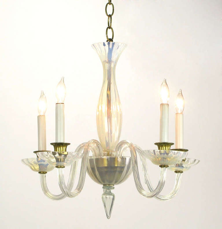 Opaline Murano glass Empire style chandelier with brass candle cups and brass centre bowl inside an opaline glass bowl. Beautiful iridescent glass with an opal stone color that is appealing, illuminated or not. Comes with 23
