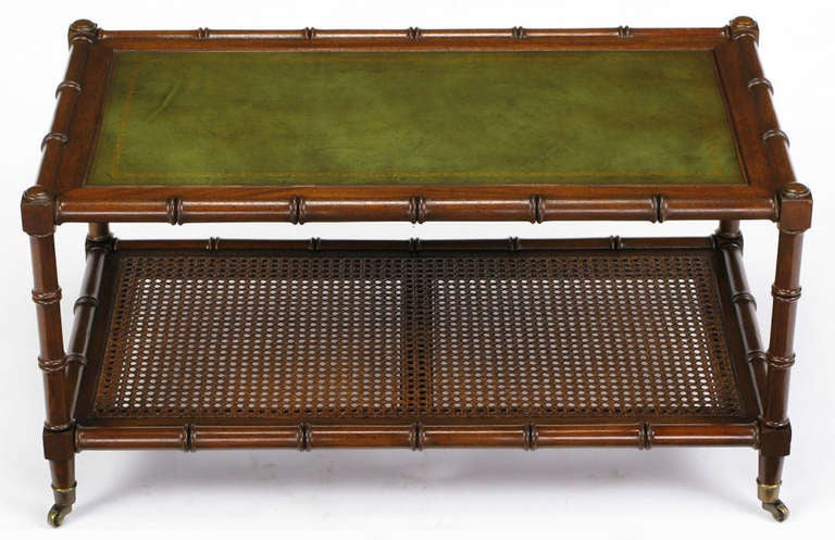 American Mahogany Bamboo Form Coffee Table with Tooled Leather Top