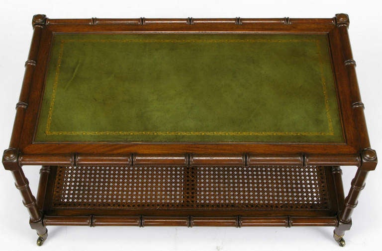 Mahogany Bamboo Form Coffee Table with Tooled Leather Top In Excellent Condition In Chicago, IL