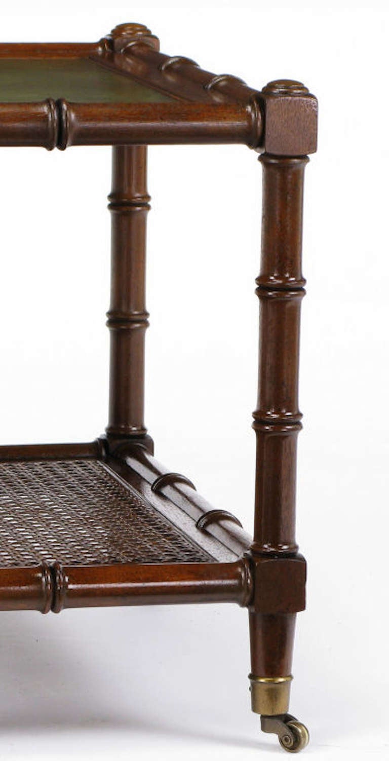 Wood Mahogany Bamboo Form Coffee Table with Tooled Leather Top