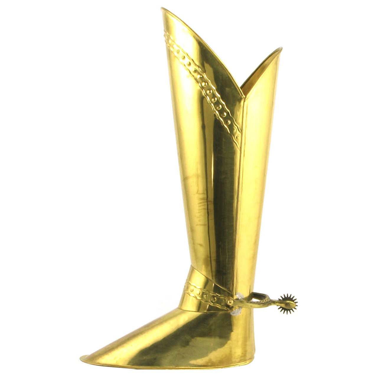 Circa 1930s English Spurred Brass Knight's Boot Umbrella Stand For Sale
