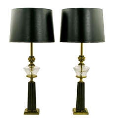 Antique Pair Stiffel Brass & Glass Oil Reservoir Table Lamps
