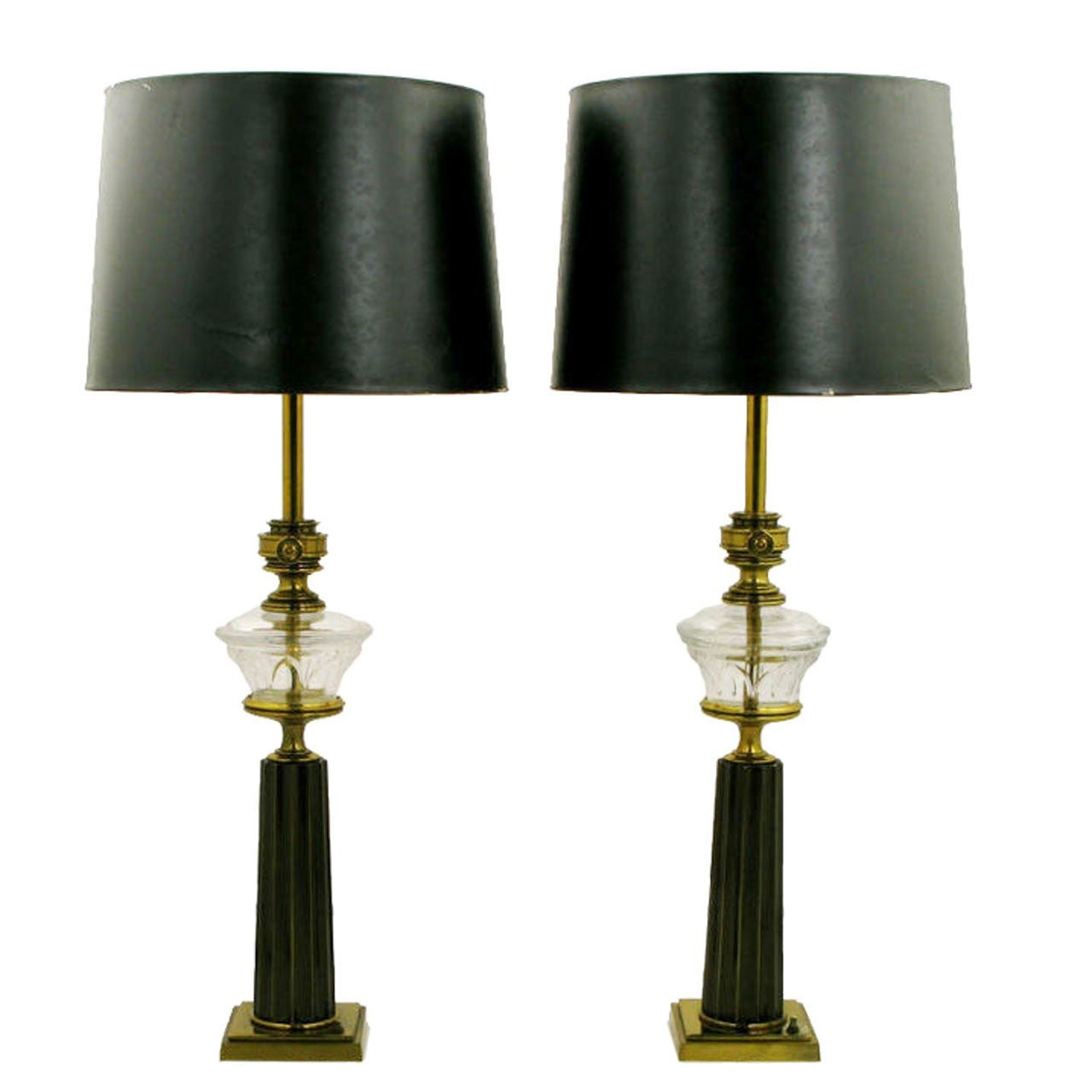 Pair Stiffel Brass & Glass Oil Reservoir Table Lamps