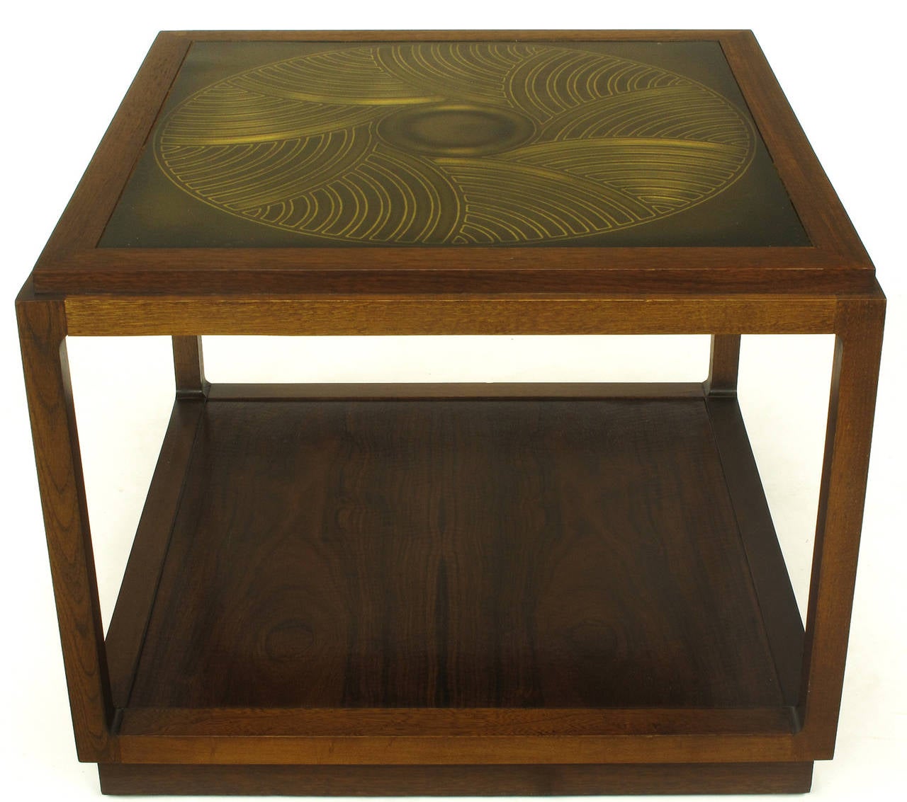 Uncommon side table from Baker Furniture's Contemporary collection, designed by Bert England. East Indian laurel wood construction with a geometrically etched brass top.