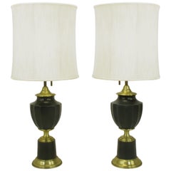Vintage Pair of Lightolier Neoclassical Brass and Darkest Green Urn Form Table Lamps