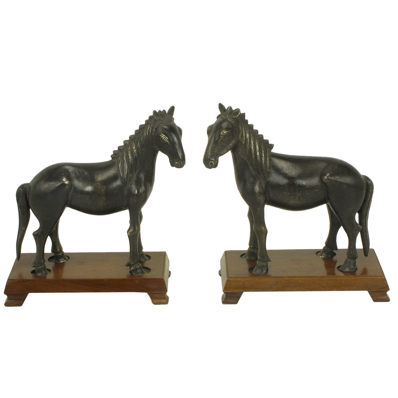 Pair of Bronze Arabian Stallion Figures Ion Footed Mahogany Plinths