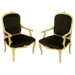 Vintage Pair of Faux Bois and Velvet Louis XV Style Fauteuils