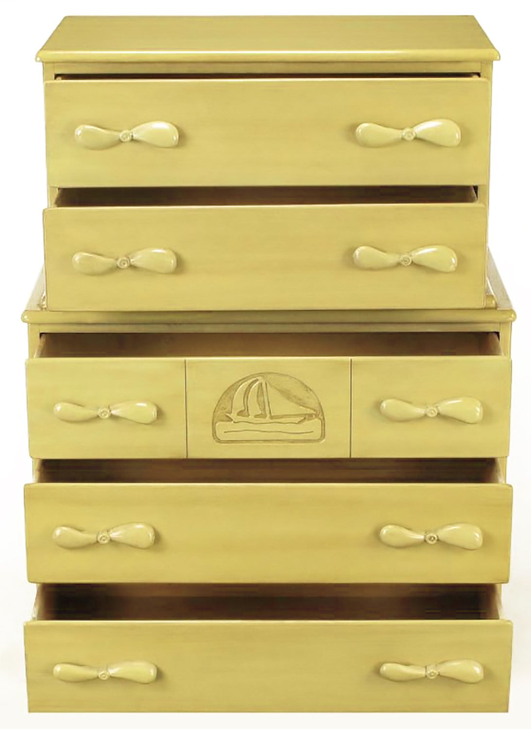 Glazed Pair of Five-Drawer Tall Chests with Propeller Pulls and Sailboat Reliefs