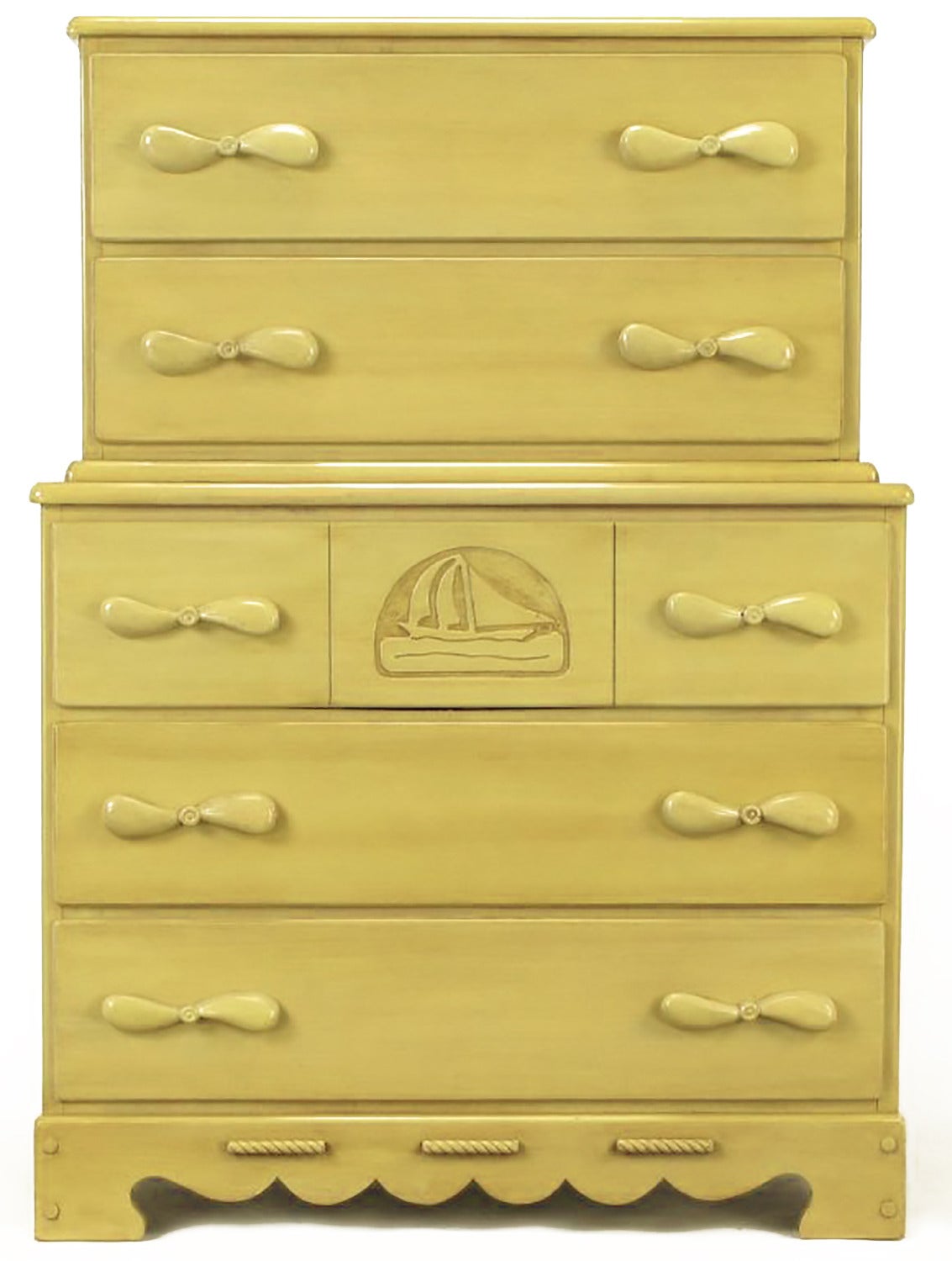 American Pair of Five-Drawer Tall Chests with Propeller Pulls and Sailboat Reliefs