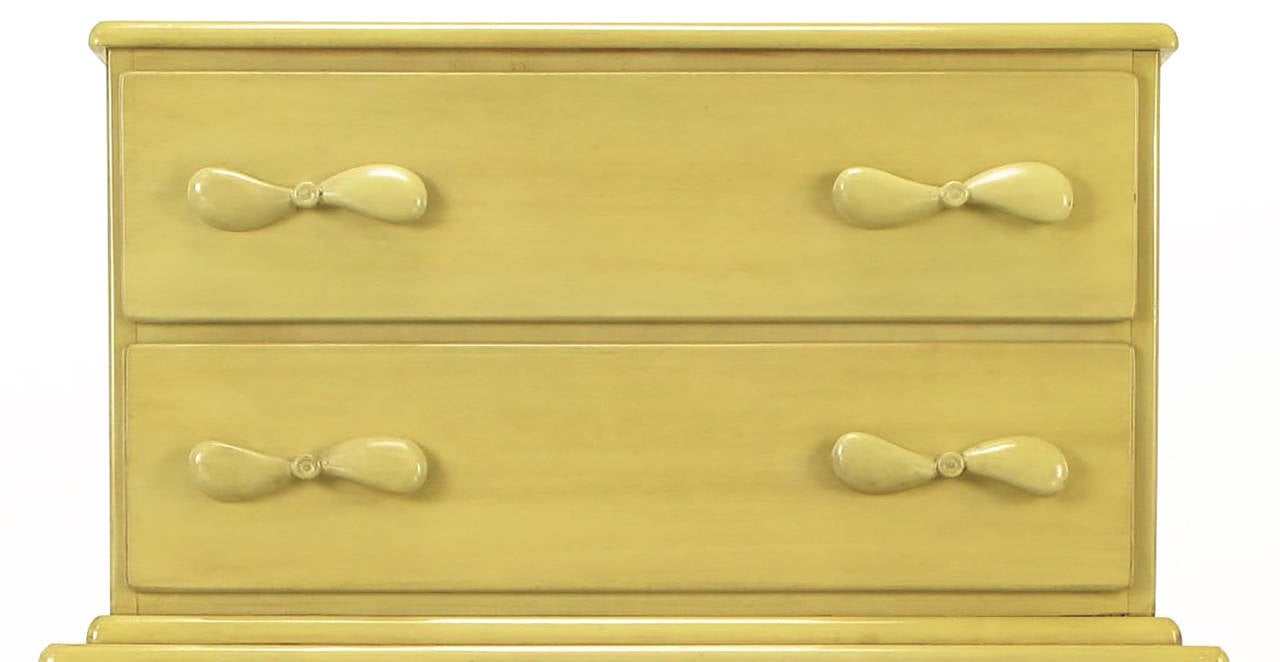 Pair of Five-Drawer Tall Chests with Propeller Pulls and Sailboat Reliefs In Good Condition In Chicago, IL