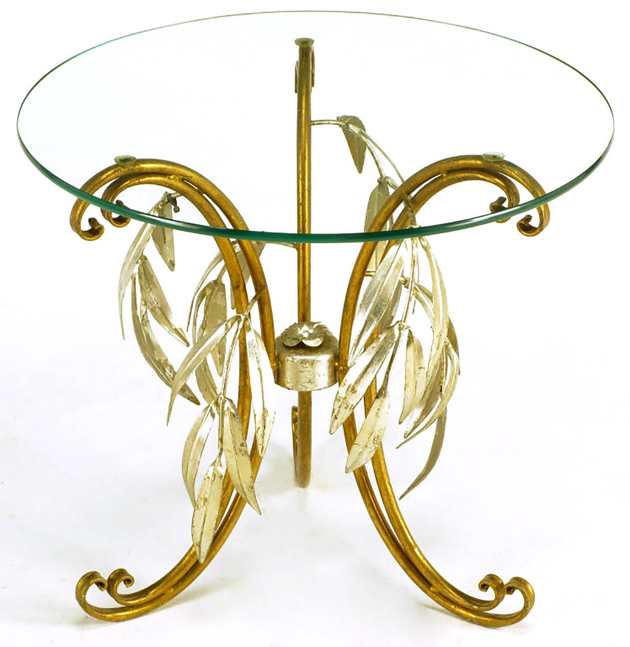 Pair of Italian gold and silver leaf tole metal side tables with round 1/2