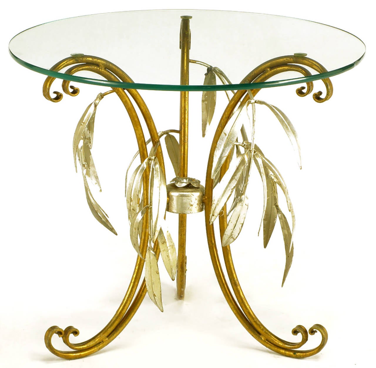 Gilt Pair of Italian Tole Metal and Silver Leaf Foliate End Tables For Sale