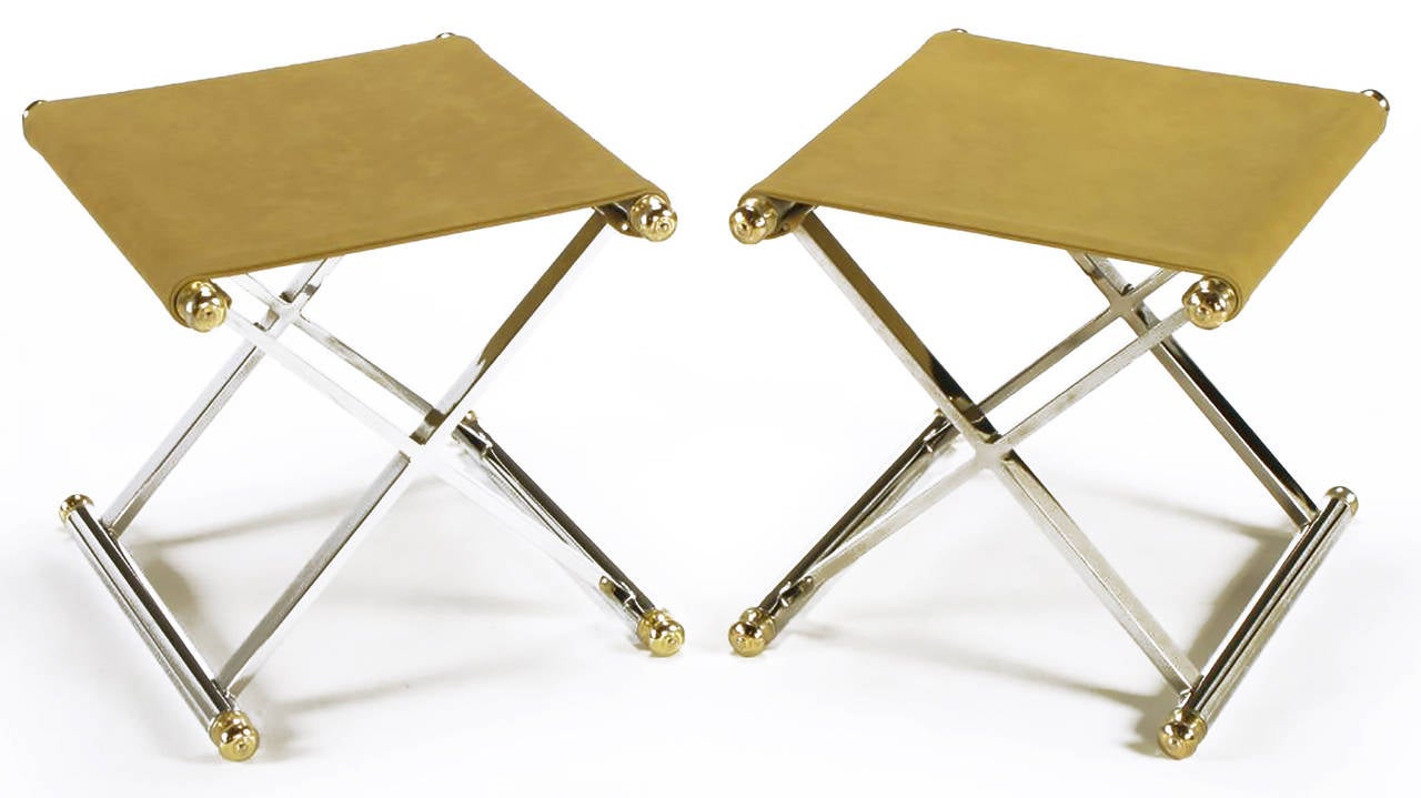Pair of Chrome and Brass X-Base Sling Seat Stools